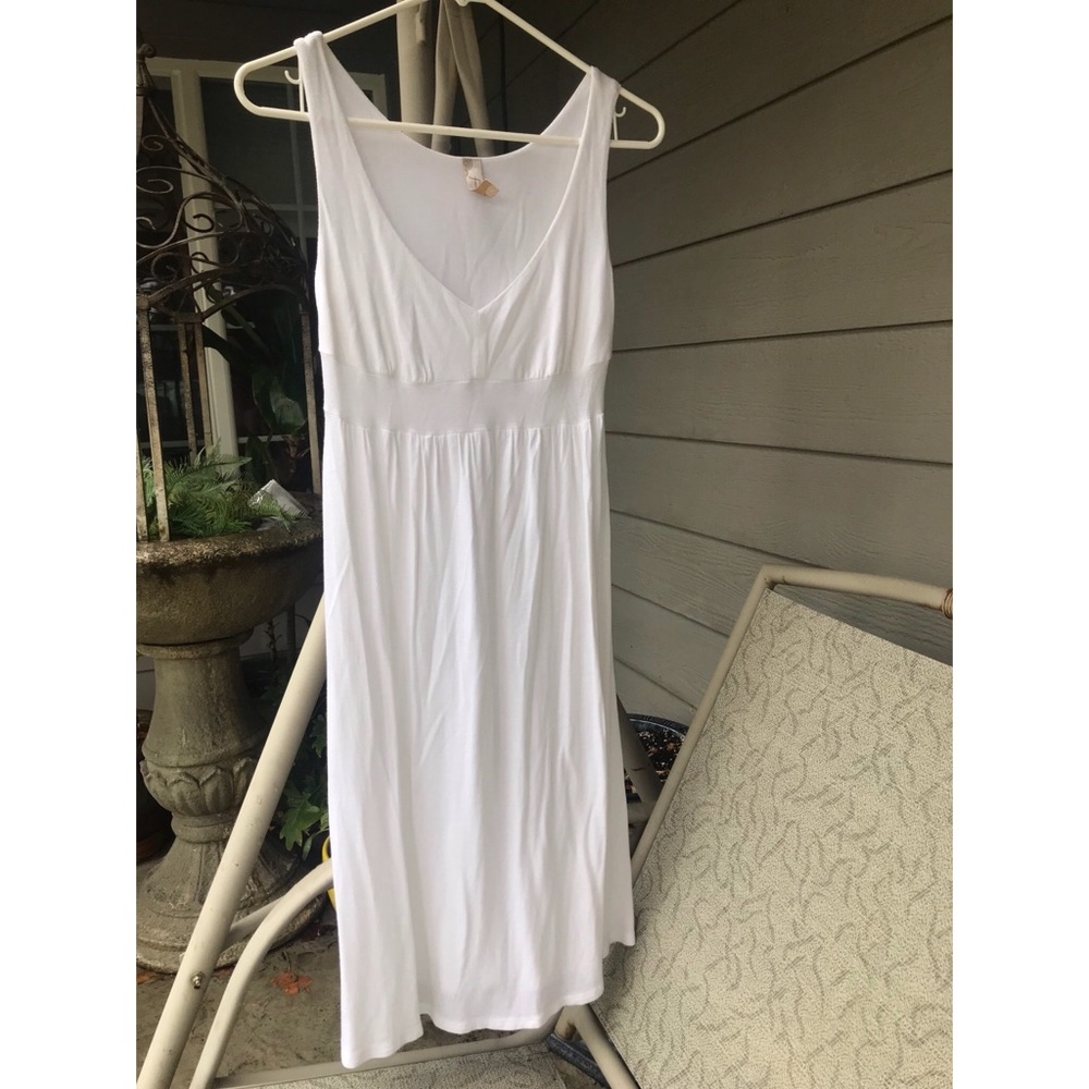 Frenzii white rayon low v neck sleeveless dress